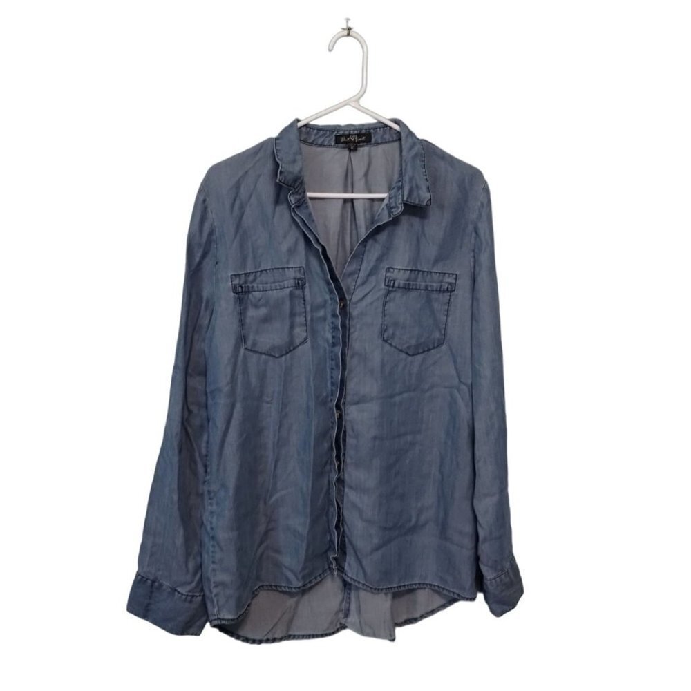 Velvet Heart Button Front Collared  Pockets Pleating Medium Solid Color Denim